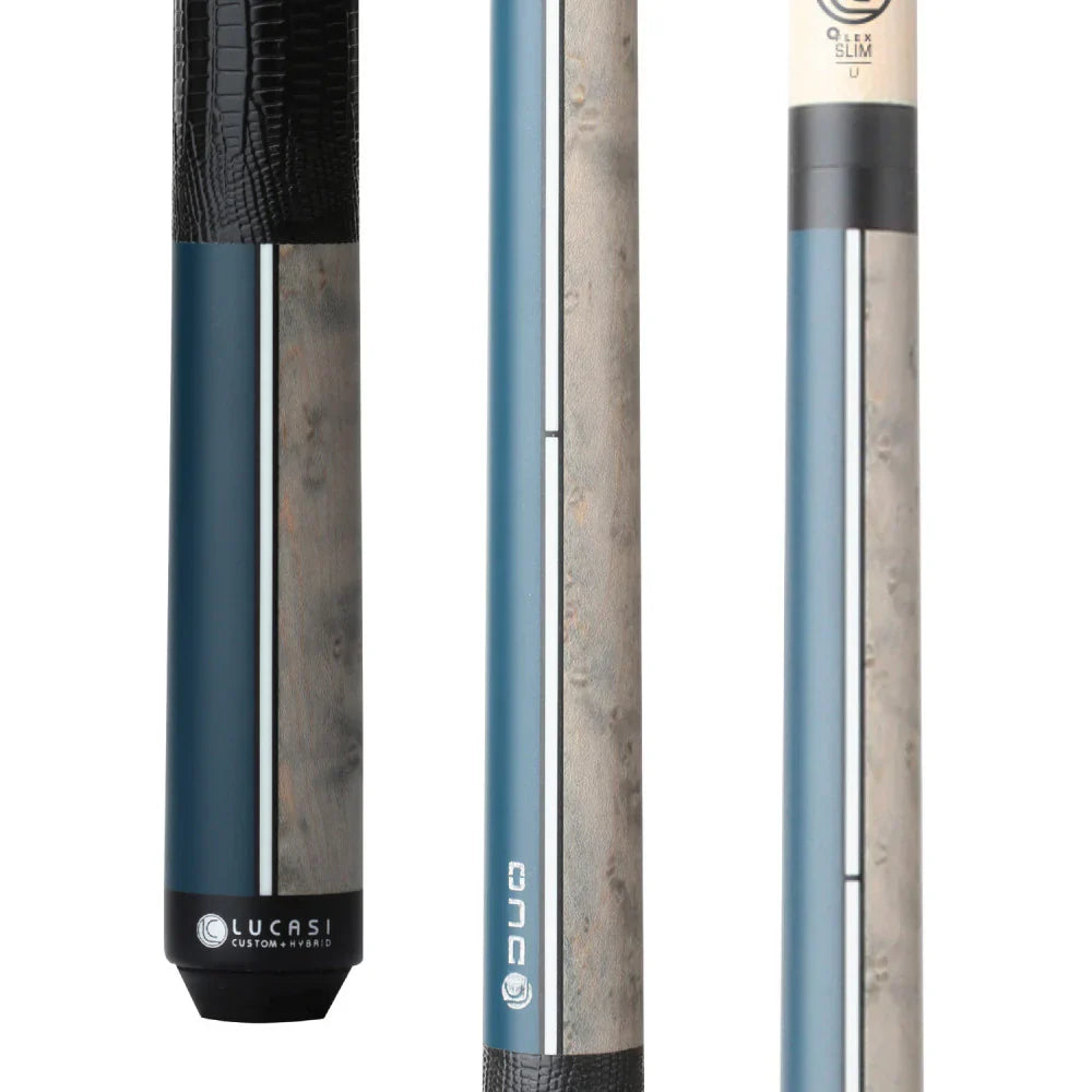 Lucasi Custom Duo Midnight Blue/Grey Wash Birdseye Cue With Embossed Leather Wrap - Image 2