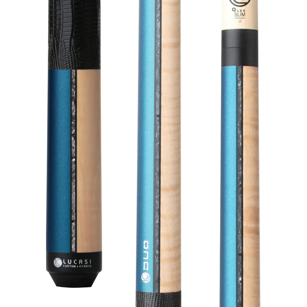Lucasi Custom Duo Prussian Blue/Natural Super Birdseye Cue With Embossed Leather Wrap - Image 2