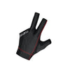 Black three-finger Cuetec glove with red stitching on a white background