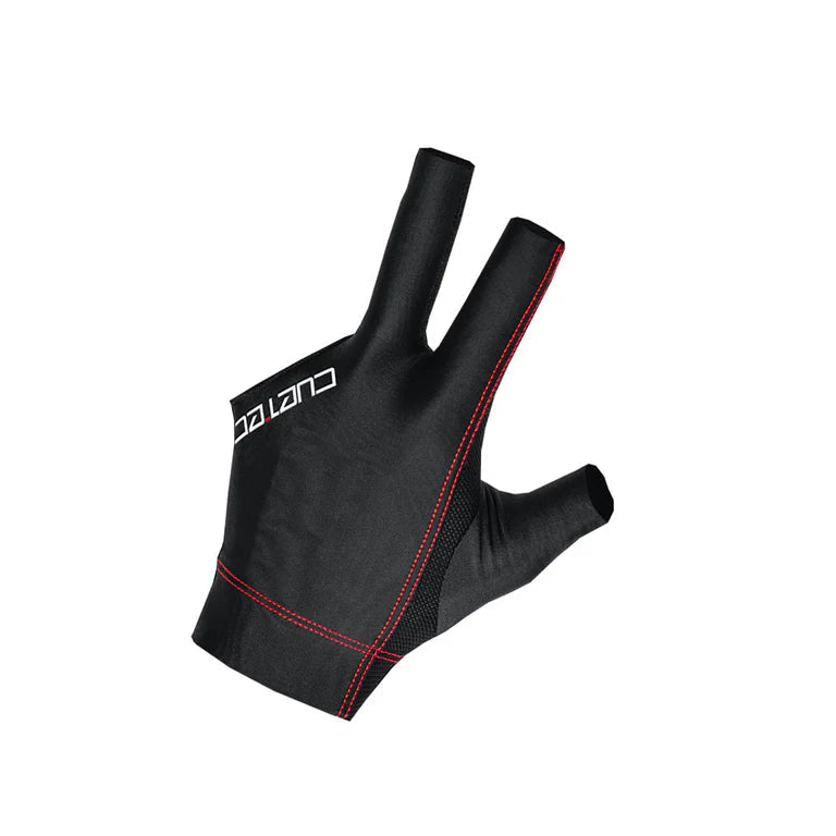 Black three-finger Cuetec glove with red stitching on a white background