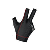 Black three-finger Cuetec glove with red stitching on a white background