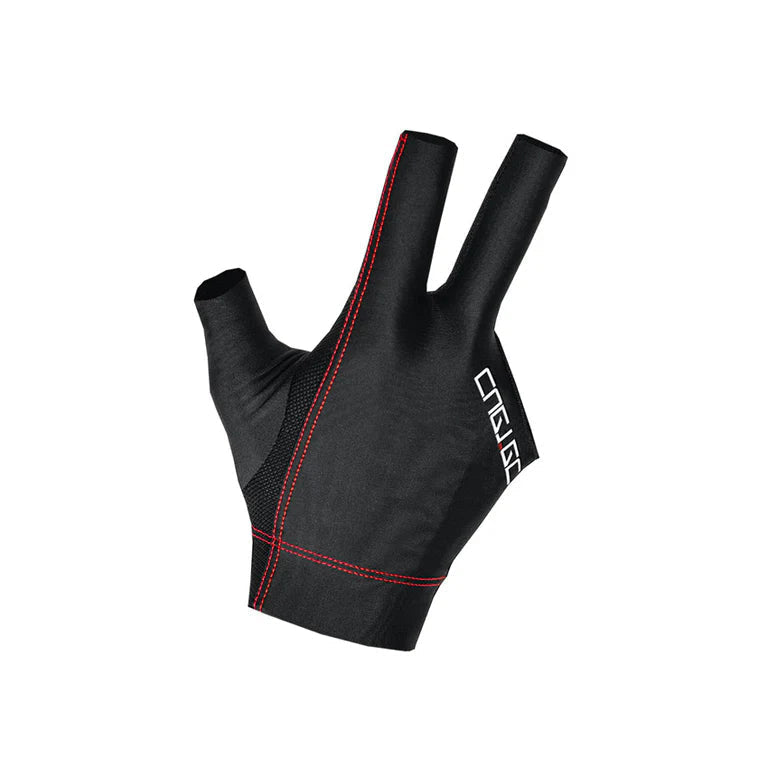 Black three-finger Cuetec glove with red stitching on a white background