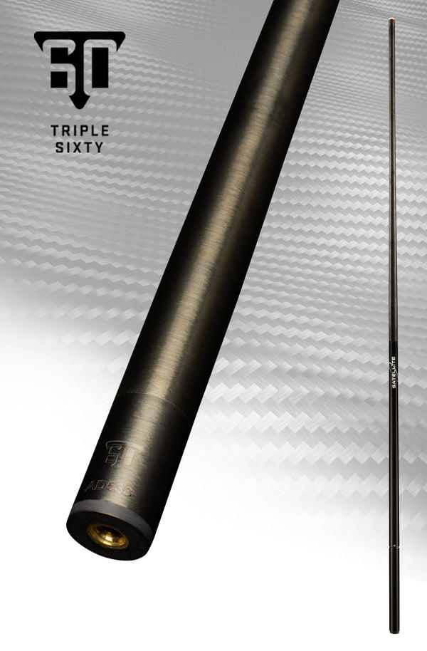 Black Triple Sixty pool cue shaft on a textured gray background