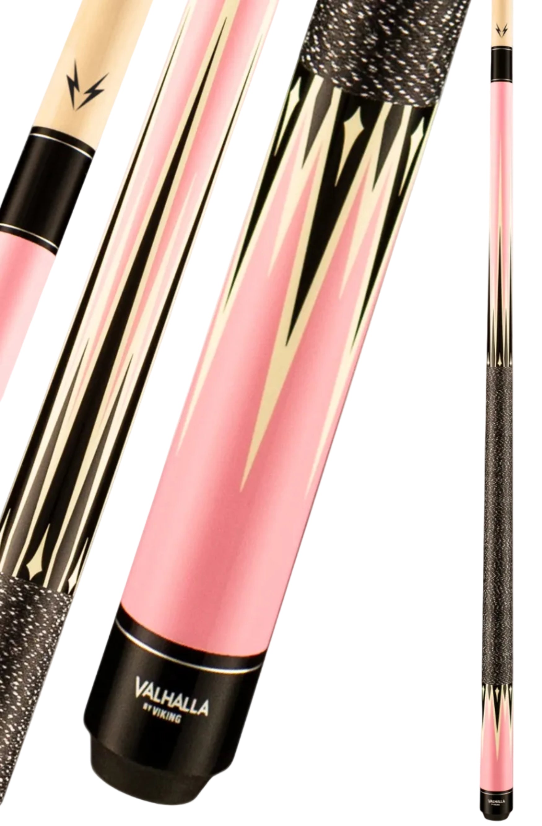 Pink Valhalla VA302 pool cue with black and gold lightning bolt graphics, shown in multiple close-up and full-length views on a white background.