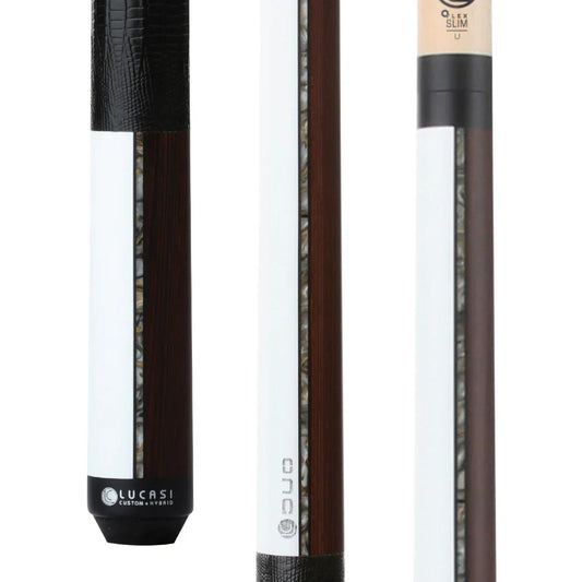 LUCASI CUSTOM DUO BLACK/WHITE BLACK PALM CUE WITH EMBOSSED LEATHER WRAP