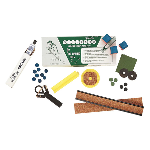 Pool cue repair tools and materials kit on a white background